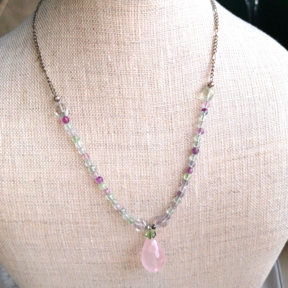 Multigemstone necklace. Rose quartz & fluorite beads New. Genuine, .Silver,  Box